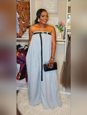 Strapless Pastle Maxi Jumpsuit with Black Trim and Belt Detail